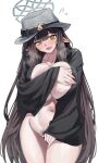  1girl @_@ absurdres areola_slip black_jacket black_pubic_hair blue_archive breasts brown_hair commentary_request covering_breasts covering_crotch covering_privates female_pubic_hair grey_halo grey_hat halo hat highres jacket kuyokuyo large_breasts long_hair looking_at_viewer misuzu_(blue_archive) open_clothes open_jacket open_mouth pubic_hair simple_background solo sweat very_long_hair white_background yellow_eyes 