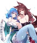  absurd_res animal_humanoid aquatic asian_clothing big_breasts bikini bikini_top blue_eyes blue_fingernails blue_hair blue_nails breasts bridal_carry brown_hair canid canid_humanoid canine canine_humanoid carrying_another clothing colored_nails duo ear_fins east_asian_clothing female fin fingernails green_clothing green_kimono hair hi_res humanoid japanese_clothing kagerou_imaizumi kimono long_fingernails looking_at_viewer mammal mammal_humanoid merfolk nails nipple_outline open_mouth raptor7 red_eyes red_fingernails red_nails simple_background split_form swimwear touhou two-piece_swimsuit wakasagihime white_background wolf_humanoid 