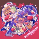  1girl 2boys ;d ash_ketchum blush brown_background buttons cake cake_slice cherry cilan_(pokemon) commentary_request cupcake dark-skinned_female dark_skin dress emolga food frilled_dress frills fruit full_body green_eyes heart highres iris_(pokemon) looking_at_viewer multiple_boys one_eye_closed open_mouth outline pants pikachu plaid_clothes plaid_shirt pokemon pokemon_(creature) pokemon_bw purple_eyes purple_hair purple_pants purple_shoes red_background red_dress red_eyes red_shirt serizawa_serizane shirt shoes short_hair short_sleeves short_twintails smile sneakers snivy twintails twitter_username two-tone_background valentine white_outline white_shoes 
