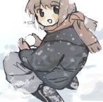 1girl absurdres artist_name black_eyes brown_hair commentary_request from_behind highres holding holding_snowball jacket long_sleeves looking_back mittens open_mouth original outdoors pants sasaxxxx06 scarf short_hair sitting smile snow snowball snowing solo wariza winter 