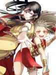  2girls :d ancient_greek_clothes armlet armor back-to-back bare_shoulders beads black_hair black_sandals blue_gem blunt_ends blunt_sidelocks bracer braid cape chiton closed_mouth colored_eyelashes crown_braid cuirass dagger dress earrings flipped_bangs foot_out_of_frame gem gold_armlet gold_armor gold_choker gold_earrings greco-roman_clothes grey_hair hair_beads hair_ornament hair_tubes half_up_braid height_difference highres holding holding_dagger holding_knife holding_unworn_cape holding_unworn_clothes holding_weapon jewelry knife long_dress long_hair looking_at_viewer multiple_girls ochibure_zeus_to_dourei_no_ko offering_hand official_art ohitsuji_ei outstretched_arm parted_bangs peplos purple_eyes red_cape red_dress red_eyes red_gem sandals short_dress short_eyebrows side_braid sidelocks simple_background sleeveless sleeveless_dress smile spartan standing standing_on_one_leg teeth thighlet unworn_cape v-shaped_eyebrows weapon white_background 
