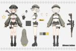  1girl a-pose absurdres bandeau belt belt_buckle black_belt black_boots black_collar black_gloves black_shorts boots breasts brown_socks buckle bullet character_name cleavage collar cropped_jacket ear_piercing english_commentary fingerless_gloves full_body gloves goggles goggles_on_headwear grey_background grey_hair grey_hat grey_jacket gun hat highres indie_virtual_youtuber jacket kneehighs large_breasts long_sleeves midriff multiple_views name_tag navel o-ring o-ring_thigh_strap official_alternate_costume official_alternate_hairstyle official_art open_mouth piercing platform_boots pouch reference_sheet rifle second-party_source shee_icho short_hair short_shorts shorts sleeves_past_wrists sniper_rifle socks spiked_collar spikes star_(symbol) star_print thigh_pouch thigh_strap virtual_youtuber weapon weri white_bandeau yellow_eyes 