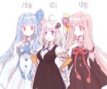  3girls :3 aqua_hair bangs braid breasts closed_mouth commentary_request detached_sleeves dress hair_ornament hands_on_hips height_difference kizuna_akari kotonoha_akane kotonoha_aoi long_hair multiple_girls pink_hair red_eyes sbs simple_background sketch twin_braids very_long_hair vocaloid voiceroid white_background white_hair wide_sleeves 