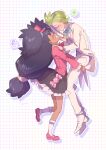  1boy 1girl absurdres black_hair black_skirt blue_bow blue_bowtie blush bow bowtie carrying carrying_person cilan_(pokemon) closed_eyes commentary_request dark-skinned_female dark_skin drop_shadow frilled_skirt frilled_sleeves frills from_side full_body green_hair grid_background grin hat highres iris_(pokemon) jacket long_hair long_sleeves musical_note outline pants pink_hat pink_jacket pink_shoes pokemon pokemon_bw red_bow red_bowtie serizawa_serizane shoes short_hair skirt smile socks spoken_musical_note spoken_squiggle squiggle standing standing_on_one_leg top_hat white_background white_jacket white_outline white_pants white_shoes white_socks 