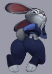  2022 anthro butt clothed clothing disney female fully_clothed fur grey_body grey_fur hi_res judy_hopps lagomorph leporid looking_back mammal presenting presenting_hindquarters purple_eyes qupostuv35 rabbit simple_background solo zootopia 