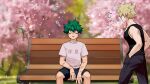  2boys bakugou_katsuki bangs bench black_tank_top blonde_hair blush boku_no_hero_academia closed_eyes freckles gloves green_hair hetero highres looking_at_viewer male_focus midoriya_izuku multiple_boys open_mouth scar seoltang_(nitro_sugar) shirt short_hair shorts simple_background sleeping spiked_hair t-shirt tank_top 