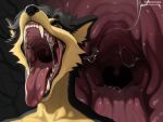 anthro black_body black_fur black_hair black_nose bodily_fluids brown_eyes canid canine canis digital_drawing_(artwork) digital_media_(artwork) digital_painting_(artwork) drooling facial_hair fangs fur hair hi_res hoffersanchez male mammal mouth_shot mustache open_mouth painting_(artwork) pink_mouth saliva saliva_on_tongue snout solo teeth throat tongue tongue_out vore wolf yellow_body yellow_fangs yellow_fur