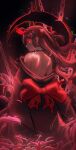  ahoge alternate_costume back black_background black_choker black_kimono borzoii broken_heart broken_heart_hair_ornament brown_hair bubble chain choker chromatic_aberration commentary crescent dark demon_horns english_commentary evil_neuro-sama fang floating_hair flower from_behind glitch glowing glowing_eyes hair_between_eyes hair_ribbon heart highres horns japanese_clothes kimono kimono_partially_removed light_particles looking_back obi profile red_eyes red_light red_ribbon red_sash ribbon sash skin_fang spider_lily spine two_side_up vedal_ai 