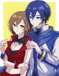  1boy 1girl blue_eyes blue_hair brown_eyes brown_hair coat crop_top earphones hand_on_own_arm hands_up highres kaito_(vocaloid) kaito_(vocaloid3) meiko meiko_(vocaloid3) nail_polish parted_lips peng_vmd project_sekai scarf short_hair sleeveless smile vocaloid wrist_cuffs 