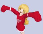  1girl :d alternate_costume artist_name bakemonogatari bangs blonde_hair blue_background bottomless carlo_montie commission detroit_red_wings fang hockey_sweater ice_hockey long_hair looking_at_viewer monogatari_(series) national_hockey_league open_mouth oshino_shinobu outstretched_arms pointy_ears simple_background sleeves_past_fingers sleeves_past_wrists smile solo standing yellow_eyes 