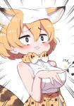  1girl :3 animal_ear_fluff animal_ears bangs bare_arms bare_shoulders blonde_hair blush bow bowtie breasts brown_eyes clipping_nails closed_mouth commentary ears_down emphasis_lines extra_ears eyebrows_visible_through_hair hair_between_eyes highres kemono_friends large_breasts nail_clippers no_gloves object_on_head print_bow print_bowtie print_skirt ransusan serval_(kemono_friends) shirt short_hair skirt sleeveless sleeveless_shirt solo tail white_shirt 