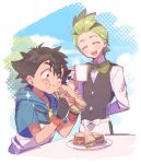  2boys :d ^_^ ash_ketchum black_vest blue_hoodie blush bow bowtie brown_eyes brown_hair buttons cilan_(pokemon) closed_eyes closed_mouth cloud collared_shirt commentary_request cup day eating food food_on_face green_bow green_bowtie green_hair holding holding_cup holding_food holding_sandwich hood hood_down hoodie long_sleeves male_focus mug multiple_boys open_mouth outdoors plate pokemon pokemon_bw sandwich serizawa_serizane shirt short_hair short_sleeves smile sparkle upper_body vest white_shirt 
