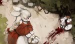  1girl albino animal_ears blood bow braid braided_ponytail bunny cape dress from_above hair_bow highres long_hair original rabbit_ears rabbit_girl red_bow red_cape red_eyes shirokujira white_dress white_hair wicker_basket 