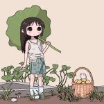  1girl alternate_costume basket black_eyes black_hair blue_eyes blush_stickers boots chito_(shoujo_shuumatsu_ryokou) closed_mouth commentary creature dirt eli_(chibitoad) expressionless full_body grass highres holding holding_leaf jaggy_lines leaf leaf_umbrella long_hair looking_at_viewer mushroom nuko_(shoujo_shuumatsu_ryokou) outdoors plant shorts shoujo_shuumatsu_ryokou simple_background solo standing striped_clothes striped_shorts tank_top untranslatable_commentary weeds white_boots white_tank_top 