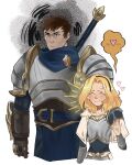  1boy 1girl armor bangs black_hairband blonde_hair blush breastplate brother_and_sister brown_gloves brown_hair closed_eyes collarbone garen_(league_of_legends) gloves grey_background hairband heart highres league_of_legends long_sleeves lux_(league_of_legends) medium_hair notice_lines peg_(deviledfisheggs) short_hair shoulder_armor siblings spoken_heart sword weapon 