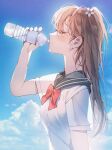  1girl absurdres bangs blue_sailor_collar blue_sky blush bottle bow bowtie brown_hair closed_eyes cloud drinking hand_up highres holding holding_bottle immi_immi long_hair original outdoors red_bow red_bowtie sailor_collar school_uniform serafuku shirt short_sleeves sky solo twintails water_bottle white_shirt 