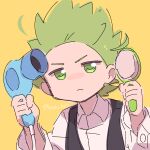  1boy black_vest cilan_(pokemon) closed_mouth collared_shirt comb commentary_request green_eyes green_hair hair_dryer highres holding holding_comb holding_hair_dryer long_sleeves looking_at_viewer male_focus pokemon pokemon_bw portrait serizawa_serizane shirt short_hair simple_background solo thick_eyebrows twitter_username v-shaped_eyebrows vest white_shirt yellow_background 