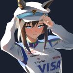  1girl adjusting_clothes adjusting_headwear animal_ears blue_eyes blush breasts brown_hair cheval_grand_(umamusume) ear_covers ears_through_headwear formula_one hair_between_eyes hat hat_belt highres honda horse_ears horse_girl looking_at_viewer multicolored_hair peaked_cap racing_suit red_bull simple_background solo streaked_hair toyeeta_prius umamusume upper_body visa white_hair white_hat 