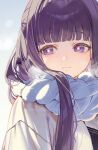  1girl :3 blunt_bangs commentary_request fern_(sousou_no_frieren) long_hair looking_to_the_side purple_eyes purple_hair robe scarf shuri_(84k) solo sousou_no_frieren straight_hair twitter_username upper_body white_background white_robe white_scarf 