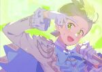  1boy :d blue_bow blue_bowtie bow bowtie cilan_(pokemon) commentary_request gloves green_background green_eyes green_hair hands_up holding holding_microphone jacket long_sleeves looking_at_viewer male_focus microphone open_mouth pokemon pokemon_bw portrait serizawa_serizane short_hair smile solo sweat v white_gloves white_jacket 