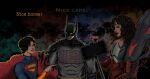  1girl 2boys absolute_batman absolute_dc absolute_superman absolute_wonder_woman armor back_spikes bat_mask batman batman_(absolute_dc) batman_symbol bodysuit dc_comics gilded_mascaraline grey_bodysuit highres multicolored_suit multiple_boys superhero_costume superman superman_(absolute_dc) superman_logo tall_female tall_male taut_bodysuit wonder_woman wonder_woman_(absolute_dc) 