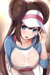  1girl absurdres bangs blue_eyes blush breasts brown_hair commentary_request double_bun enishi96 hair_between_eyes hat highres large_breasts long_hair looking_at_viewer parted_lips pokemon pokemon_(game) pokemon_bw2 raglan_sleeves rosa_(pokemon) see-through shirt sidelocks solo sweat twintails visor_cap wet wet_clothes wet_shirt 