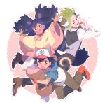  1girl 2boys :d :o animal_ear_headwear animal_ears ash_ketchum black_hair black_pants black_vest blue_hoodie blush border brown_horns brown_shoes cilan_(pokemon) commentary_request dark-skinned_female dark_skin dress full_body green_eyes green_hair green_pants hood hood_down hoodie horns iris_(pokemon) kemonomimi_mode long_hair long_sleeves looking_at_viewer midair multiple_boys open_mouth outline outside_border pants pink_background pokemon pokemon_bw red_eyes red_shoes round_border serizawa_serizane shoes short_hair short_sleeves smile vest white_border white_outline wide_sleeves yellow_dress 
