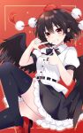  1girl bird_wings black_bow black_bowtie black_thighhighs black_wings bow bowtie breasts brown_hair collared_shirt commentary feathered_wings finger_frame frilled_skirt frills grin hat highres looking_at_viewer medium_breasts pointy_ears pom_pom_(clothes) red_eyes red_hat red_shoes shameimaru_aya shirt shoes skirt smile solo tanaka_shoushou_fumimaro thighhighs tokin_hat touhou white_shirt wings 