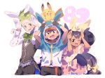  1girl 2boys :d ;d animal_hood arms_up ash_ketchum black_gloves black_hair black_pants black_vest blue_hoodie blush bow bowtie brown_eyes brown_hair bunny_day buttons cilan_(pokemon) commentary_request cropped_legs dark-skinned_female dark_skin dot_nose double-parted_bangs fingerless_gloves gloves green_bow green_bowtie green_eyes green_hair hair_between_eyes hair_bow hood hood_up hoodie iris_(pokemon) long_hair long_sleeves looking_at_viewer multiple_boys one_eye_closed open_mouth outline pants pikachu pokemon pokemon_(creature) pokemon_bw rabbit_hood rabbit_pose serizawa_serizane shirt short_hair short_sleeves simple_background smile sweat vest white_background white_gloves white_outline white_shirt yellow_bow yellow_eyes yellow_shirt 