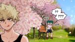  2boys ? ?? bakugou_katsuki bangs bench black_tank_top blonde_hair blush boku_no_hero_academia cherry_blossoms freckles gloves green_hair hetero highres looking_at_viewer male_focus midoriya_izuku multiple_boys open_mouth red_eyes scar seoltang_(nitro_sugar) shirt short_hair shorts simple_background spiked_hair t-shirt tank_top tongue twitter_username 