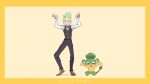  1boy :3 :d arms_up black_pants black_vest border bow bowtie brown_shoes buttons cilan_(pokemon) collared_shirt commentary_request full_body green_bow green_bowtie green_eyes green_hair highres index_fingers_raised long_sleeves looking_at_viewer male_focus meme open_mouth pansage pants pokedance_(meme) pokemon pokemon_(creature) pokemon_bw serizawa_serizane shirt shoes short_hair simple_background smile standing translation_request twitter_username vest white_shirt yellow_background yellow_border 