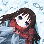  1girl alternate_costume black_hair blue_eyes blush chito_(shoujo_shuumatsu_ryokou) closed_mouth coat commentary contemporary eli_(chibitoad) fish highres jaggy_lines long_hair long_sleeves lying on_back on_ground plaid_clothes plaid_scarf red_scarf scarf shoujo_shuumatsu_ryokou simple_fish smile snow snow_on_head snowing solo untranslatable_commentary upper_body winter winter_clothes winter_coat 
