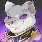  anthro armor ear_piercing eyebrow_piercing facial_piercing felid feline fur lip_piercing looking_at_viewer mammal piercing rindeadsong smile solo 