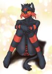  2016 5_fingers 5_toes anthro anthrofied black_body black_fur black_nose bottomwear breasts butt cheek_tuft clothed clothing digital_media_(artwork) facial_tuft feet female fingers fur hair looking_at_viewer nintendo panties pattern_bottomwear pattern_clothing pattern_panties pattern_underwear pok&eacute;mon pok&eacute;morph prydri red_body red_fur red_hair red_stripes shadow simple_background sitting solo striped_bottomwear striped_clothing striped_panties striped_underwear stripes toes tuft underwear underwear_only video_games yellow_sclera 