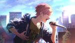  1boy blue_hoodie blue_sky building collarbone colorful_palette day drawstring ear_piercing from_side game_cg hand_up highres holding holding_microphone hood hood_down hoodie male_focus microphone music official_art open_clothes open_hoodie open_mouth orange_hair outdoors overcome_one's_limits_(project_sekai) piercing profile project_sekai shinonome_akito shirt short_hair sidelighting singing sky sleeves_rolled_up solo standing teeth third-party_source tongue tree upper_body yellow_eyes yellow_shirt 