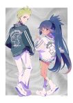  1boy 1girl black_shoes blue_hair boots border choker cilan_(pokemon) commentary_request dark-skinned_female dark_skin from_behind full_body green_hair green_jacket grey_background grid_background hand_up highres hood hood_down hoodie iris_(pokemon) jacket long_hair long_sleeves looking_at_viewer looking_back outside_border pants pokemon pokemon_bw ponytail red_eyes serizawa_serizane shoes short_hair short_shorts shorts socks standing v-shaped_eyebrows very_long_hair w white_boots white_border white_choker white_hoodie white_pants white_shorts white_socks 