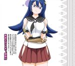  1girl arm_guards armor back_cover black_hairband black_sailor_collar blue_eyes blue_hair breasts brown_skirt closed_mouth clothing_cutout cover crossed_arms flipped_hair futoku_no_guild glasses hair_between_eyes hair_ornament hairband head_tilt highres japanese_armor kote large_breasts long_hair looking_at_viewer magyo miniskirt non-web_source official_art pleated_skirt sailor_collar shirt short_sleeves shoulder_cutout shuriken_hair_ornament side_cutout sidelocks simple_background skirt solo standing tented_shirt thighs translation_request tsurime white_shirt zanzo_hatsudori 