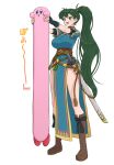  1girl absurdres blue_dress boots breasts brown_footwear dress fire_emblem fire_emblem:_the_blazing_blade full_body gonzarez green_eyes green_hair highres kirby kirby_(series) knee_boots large_breasts long_hair lyn_(fire_emblem) oomoto_makiko pelvic_curtain ponytail scabbard sheath sheathed short_sleeves standing sword thighs very_long_hair voice_actor_connection weapon 