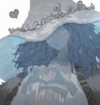  1girl absurdres blue_hair blue_skin closed_mouth colored_skin cracked_skin ddgood6 dress elden_ring fur_cloak hat heart heart_hands highres looking_at_viewer own_hands_together ranni_the_witch simple_background smile solo upper_body white_background white_dress white_headwear witch_hat 