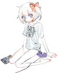  1girl bare_legs barefoot between_legs black_choker blue_eyes blunt_bangs blush blush_stickers bow choker closed_mouth clothes_writing collarbone controller eds english_text feet fingernails full_body game_controller gamecube_controller hair_bow hand_between_legs highres marimari_(vtuber) no_pants one_side_up orange_bow panties phase_connect pokemon pokemon_xd shirt short_eyebrows short_hair short_sleeves simple_background sitting smile solo t-shirt thick_eyebrows toes underwear video_game_cover_(object) wariza white_background white_hair white_shirt 