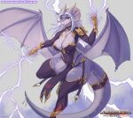  2022 4_horns accessory anthro armor artist_logo aurancreations big_breasts big_tail biped breasts cleavage cleavage_cutout clothed clothing curved_horn dated digital_drawing_(artwork) digital_media_(artwork) dragon dress ear_piercing electricity electricity_manipulation elemental_manipulation eyelashes fangs fantasy female front_view fully_clothed furgonomics gauntlets gloves hair handwear horn jewelry legwear lightning logo long_hair long_tail looking_at_viewer membrane_(anatomy) membranous_wings metal_gloves midair multi_horn navel necklace non-mammal_breasts ornate_clothing piercing prick_ears pupils purple_background purple_body purple_clothing purple_dress purple_legwear purple_scales purple_stockings scales scalie simple_background skimpy slit_pupils smile smiling_at_viewer snout solo stockings tail_accessory tailband text thick_tail thick_thighs url western_dragon white_hair wide_hips wing_claws wings yellow_eyes 
