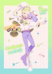  1boy :d blush boots border bow bowtie character_name cilan_(pokemon) commentary_request english_text full_body gloves gradient_border green_border green_bow green_bowtie green_eyes green_hair green_sailor_collar hat highres holding holding_unworn_clothes holding_unworn_hat lace-up_boots long_sleeves looking_at_viewer midriff_peek navel open_mouth outside_border pansage pants pokemon pokemon_(creature) pokemon_bw purple_pants sailor_collar sanrio serizawa_serizane shirt short_hair smile standing star_(symbol) tuxedo_sam unworn_hat unworn_headwear white_boots white_gloves white_hat white_shirt 