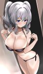  1girl absurdres bangs bikini black_bikini blue_eyes blush breasts cleavage closed_mouth commentary_request enishi96 hair_between_eyes highres kantai_collection kashima_(kancolle) large_breasts long_hair side-tie_bikini silver_hair solo swimsuit tight twintails wavy_hair 