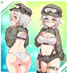  1girl aqua_background ass back bandeau belt belt_buckle black_belt black_collar black_shorts blush breasts buckle bullet cleavage closed_mouth collar commission cougar_(cougar1404) cowboy_shot cropped_jacket embarrassed eyes_visible_through_hair from_behind garter_straps goggles goggles_on_headwear gradient_background green_background grey_hair grey_hat grey_jacket hair_between_eyes hat indie_virtual_youtuber jacket large_breasts long_sleeves multiple_views navel o-ring o-ring_thigh_strap official_alternate_costume official_alternate_hairstyle panties shee_icho short_hair short_shorts shorts sleeves_past_wrists spiked_collar spikes thigh_strap underwear virtual_youtuber white_bandeau white_panties yellow_eyes 