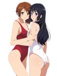  2girls arm_grab ass asymmetrical_docking bangs breast_press breasts brown_hair cleavage collarbone cowboy_shot from_side hibike!_euphonium highres kousaka_reina long_hair looking_at_viewer looking_to_the_side medium_breasts medium_hair multiple_girls one-piece_swimsuit open_mouth oumae_kumiko purple_eyes red_swimsuit sbel02 shiny shiny_hair simple_background swimsuit tied_hair torso_grab white_background white_swimsuit yellow_eyes 