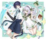  070203wjx 1boy 1girl aqua_trim aranara_(genshin_impact) arm_at_side ascot bird black_bridal_gauntlets black_hair black_shirt black_shorts blue_gem blunt_ends border bow bracelet bridal_gauntlets bright_pupils casual closed_mouth collarbone collared_shirt colored_eyelashes contemporary creature cross-shaped_pupils curled_fingers detached_sleeves dress eyeliner falling_leaves feather_necklace feathers finch fingernails gem genshin_impact gold_trim green_ascot green_eyes green_hair green_sailor_collar green_shoes green_trim grid_background hair_between_eyes hair_intakes hair_ornament hand_up hat hat_bow highres jewelry layered_shirt leaf leaf_hair_ornament legs_together long_hair looking_at_viewer makeup mary_janes multicolored_hair nahida_(genshin_impact) necklace official_alternate_costume open_hand open_mouth outline partially_unbuttoned pendant pointy_ears pom_pom_(clothes) popped_collar purple_eyes red_eyeliner sailor_collar sailor_hat scaramouche_(genshin_impact) shirt shoes short_dress short_sleeves shorts side_ponytail sidelocks smile socks sparkle split_mouth streaked_hair symbol-shaped_pupils tareme teeth tsurime undershirt upper_teeth_only variant_set vision_(genshin_impact) vortex wanderer_(genshin_impact) white_background white_border white_bow white_dress white_hair white_outline white_pupils white_shirt white_sleeves white_socks wind wispy_bangs yellow_feathers yellow_pupils 