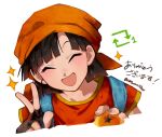  1girl artist_name backpack bag bandana black_hair blush closed_eyes commentary_request dragon_ball dragon_ball_(object) dragon_ball_gt fingerless_gloves gloves headscarf highres like_and_retweet natume12izr orange_bandana orange_headscarf pan_(dragon_ball) red_shirt saiyan shirt short_hair smile sparkle v 