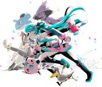  1girl absurdres after_epochs_(vocaloid) aqua_eyes aqua_hair aqua_necktie closed_mouth collared_shirt commentary_request detached_sleeves farfetch'd fingerless_gloves full_body gloves hair_ornament hatsune_miku hayato_noda highres holding holding_poke_ball jigglypuff lapras long_hair long_sleeves lopunny mega_lopunny mismagius necktie pink_gloves pink_skirt poke_ball pokemon pokemon_(creature) porygon2 project_voltage running shirt skirt sleeveless sleeveless_shirt smile very_long_hair vocaloid 