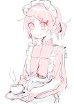 1girl :> @_@ apron black_nails blush closed_mouth cup earrings eds frilled_apron frills hair_ornament hair_ribbon hairclip happy_(eds) highres holding holding_cup holding_saucer jacket jersey_maid jewelry long_sleeves maid maid_apron maid_headdress nail_polish original parted_bangs pink_hair pink_jacket pink_track_suit plate ribbon ringed_eyes saucer short_eyebrows short_hair short_twintails simple_background sleeves_past_wrists smile solo steam stud_earrings teacup thick_eyebrows track_jacket track_suit twintails unconventional_maid upper_body white_apron white_background 