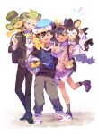  1girl 2boys :d ash_ketchum black_hair black_jacket black_pants black_shoes black_skirt black_socks blush brown_hair brown_socks brown_sweater_vest character_hat cilan_(pokemon) collared_shirt commentary_request dark-skinned_female dark_skin dot_nose double-parted_bangs emolga full_body gingham_socks green_hair green_pants hair_between_eyes hat highres iris_(pokemon) jacket long_hair long_sleeves looking_at_viewer multiple_boys open_clothes open_jacket open_mouth outstretched_arm pansage pants pawmi pikachu pokemon pokemon_(creature) pokemon_bw quaxly school_uniform serizawa_serizane shirt shoes short_hair simple_background skirt smile sneakers socks standing standing_on_one_leg sweater_vest v white_background white_hat white_shirt white_shoes 